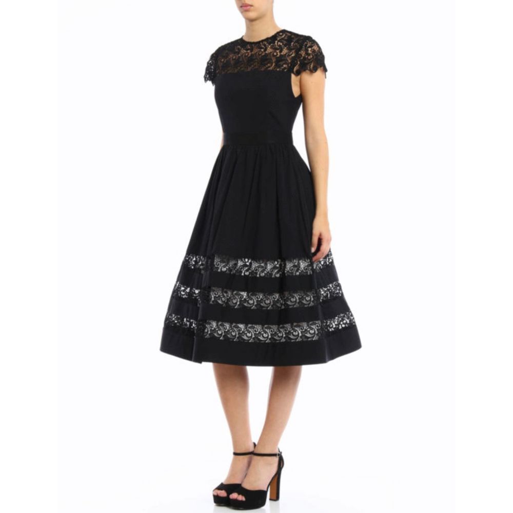 ALICE & OLIVIA Black Mallie Dress Size 0 XS Lace Midi Elegant AUDREY HEPBURN